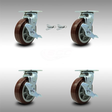 Service Caster 6 Inch SS Polyurethane Caster Set with Roller Bearings 4 Brake 2 Swivel Lock SCC SCC-SS30S620-PPUR-TLB-BSL-2-TLB-2